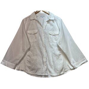 Croft & Borrow Women's Embroidered Button Down Shirt Long Sleeve Size XXL White
